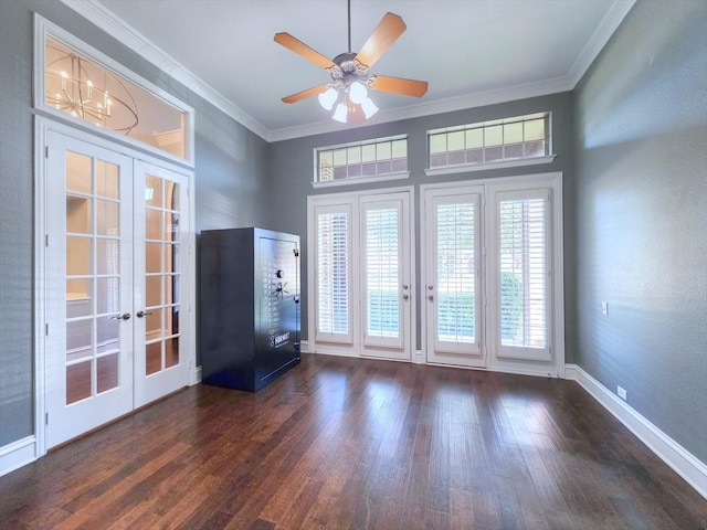 4348 Rice Ln, Carrollton, TX 75010 - entryway with french doors, wood finished floors, ornamental molding, and a ceiling fan