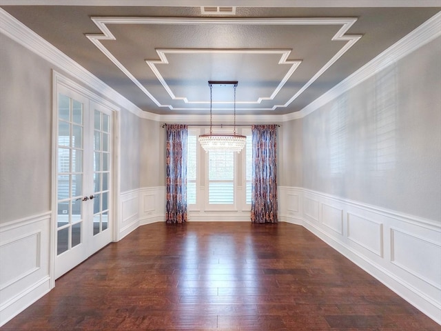 4348 Rice Ln, Carrollton, TX 75010 - unfurnished room featuring french doors, a decorative wall, wood finished floors, a tray ceiling, and a wainscoted wall