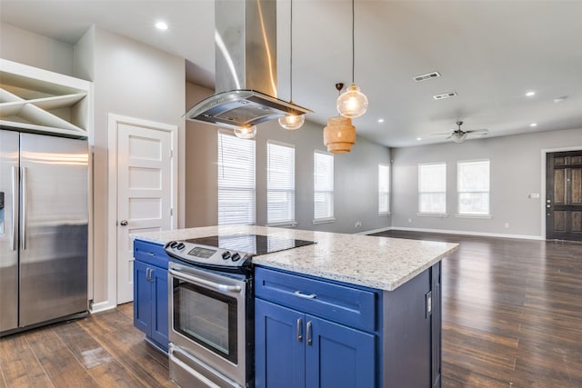 619 Buckalew St, Dallas, TX 75208 - kitchen with stainless steel appliances, island exhaust hood, blue cabinets, dark wood-style flooring, and recessed lighting