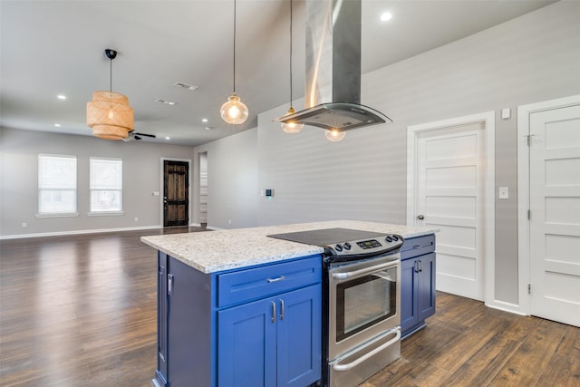 619 Buckalew St, Dallas, TX 75208 - kitchen with island range hood, blue cabinets, stainless steel electric stove, dark wood-type flooring, and hanging light fixtures
