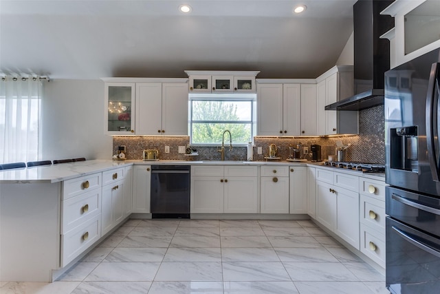 1400 Ambrose Dr, Allen, TX 75002 - kitchen featuring stainless steel appliances, wall chimney range hood, light marble finish flooring, a peninsula, and white cabinetry
