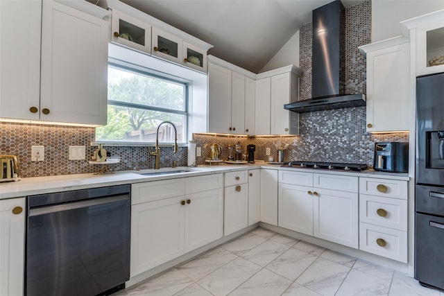 1400 Ambrose Dr, Allen, TX 75002 - kitchen with dishwashing machine, wall chimney range hood, gas stovetop, light marble finish flooring, and vaulted ceiling