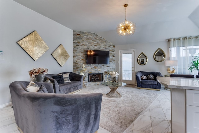 1400 Ambrose Dr, Allen, TX 75002 - living area with healthy amount of natural light, vaulted ceiling, light marble finish flooring, and a stone fireplace