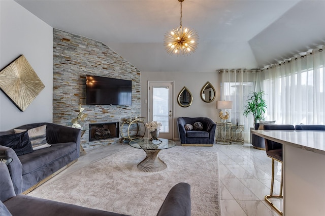 1400 Ambrose Dr, Allen, TX 75002 - living room featuring healthy amount of natural light, vaulted ceiling, a chandelier, a stone fireplace, and light marble finish floors