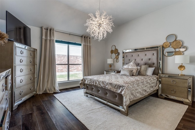 1400 Ambrose Dr, Allen, TX 75002 - bedroom with dark wood-style flooring, a chandelier, and lofted ceiling