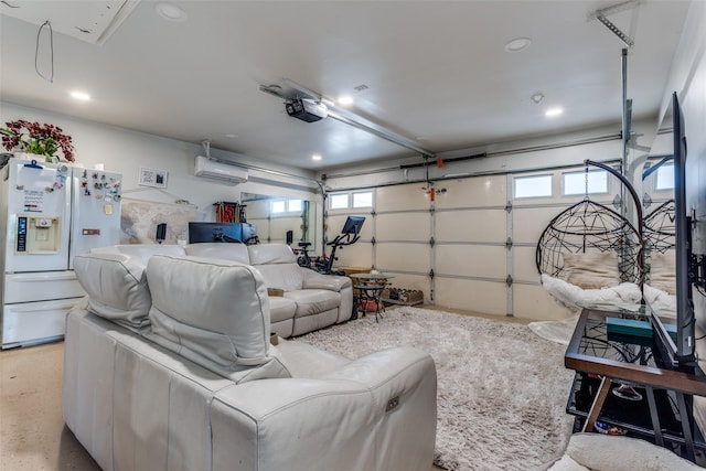 1400 Ambrose Dr, Allen, TX 75002 - garage with white fridge with ice dispenser, a garage door opener, a wall unit AC, and recessed lighting