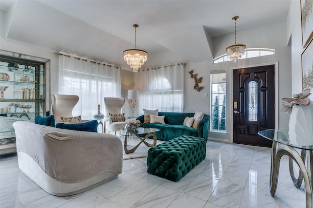 1400 Ambrose Dr, Allen, TX 75002 - living area with a chandelier, light marble finish flooring, and vaulted ceiling