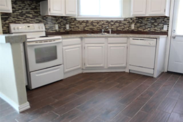 1108 Paintbrush St, Mesquite, TX 75149 - kitchen featuring white appliances, white cabinets, decorative backsplash, and dark wood finished floors