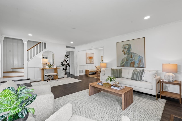3601 Westcliff Rd S, Fort Worth, TX 76109 - living area with wood finished floors, stairway, crown molding, and recessed lighting
