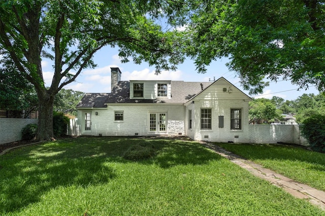 3601 Westcliff Rd S, Fort Worth, TX 76109 - rear view of house featuring french doors, a chimney, crawl space, and brick siding