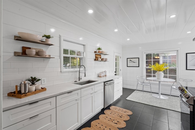 3601 Westcliff Rd S, Fort Worth, TX 76109 - kitchen with open shelves, dishwasher, black range with electric stovetop, healthy amount of natural light, and ornamental molding