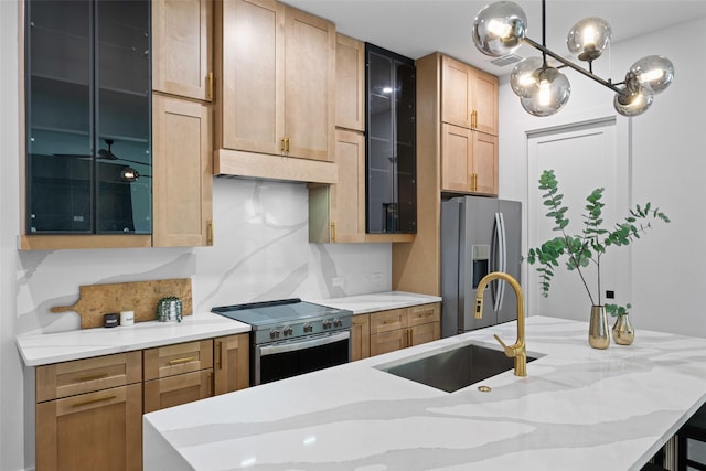 2828 Rochester St, Dallas, TX 75215 - kitchen with stainless steel appliances, light stone countertops, glass insert cabinets, and pendant lighting