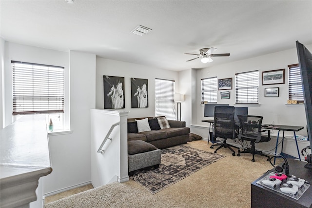 9507 Tallow Berry Dr, Dallas, TX 75249 - carpeted living area featuring a ceiling fan and an office area