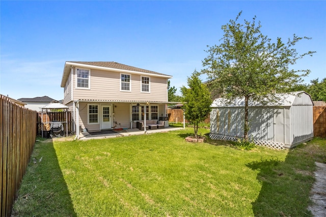 9507 Tallow Berry Dr, Dallas, TX 75249 - back of property with a fenced backyard, a storage shed, a patio, and outdoor lounge area