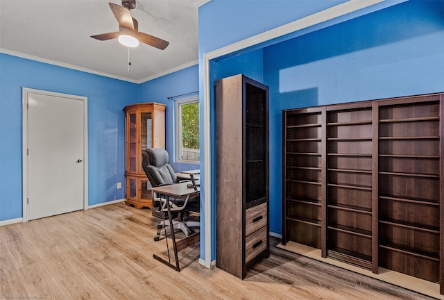 910 Meadowside Cir, Garland, TX 75043 - home office featuring a ceiling fan, wood finished floors, and ornamental molding