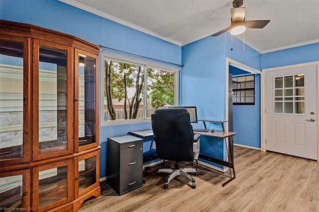 910 Meadowside Cir, Garland, TX 75043 - office area featuring light wood-style floors, a ceiling fan, crown molding, and a textured ceiling