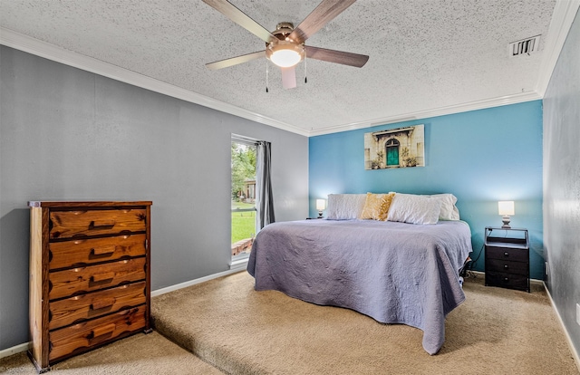 910 Meadowside Cir, Garland, TX 75043 - carpeted bedroom with a textured ceiling, crown molding, and ceiling fan