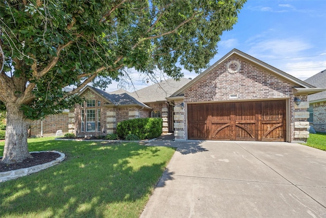 5520 Plata Ln, Benbrook, TX 76126 - view of front facade with brick siding, a garage, a front lawn, and driveway