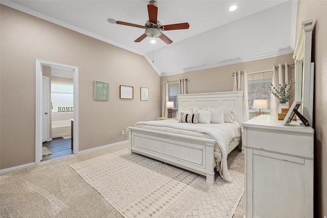 5520 Plata Ln, Benbrook, TX 76126 - bedroom featuring lofted ceiling, multiple windows, light carpet, ornamental molding, and connected bathroom