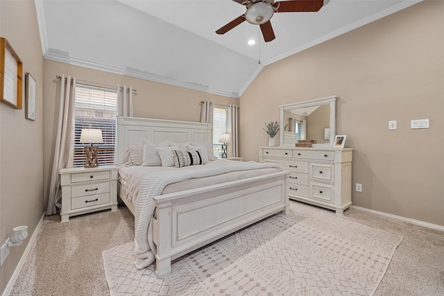 5520 Plata Ln, Benbrook, TX 76126 - bedroom featuring light carpet, lofted ceiling, multiple windows, ornamental molding, and ceiling fan