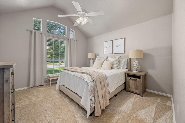5520 Plata Ln, Benbrook, TX 76126 - bedroom with light carpet, ceiling fan, and high vaulted ceiling