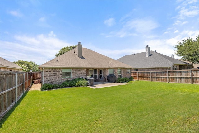 5520 Plata Ln, Benbrook, TX 76126 - back of house featuring a patio area, a fenced backyard, brick siding, and a chimney