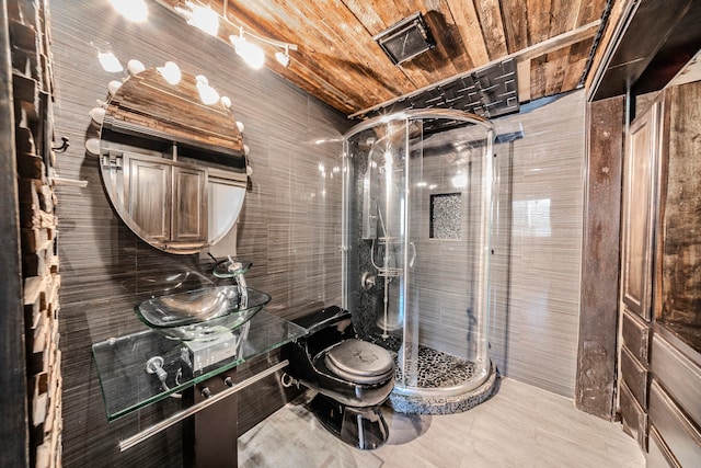 1704 Baird Farm Cir Unit 4104, Arlington, TX 76006 - bathroom with wooden ceiling, a shower stall, and wood finished floors