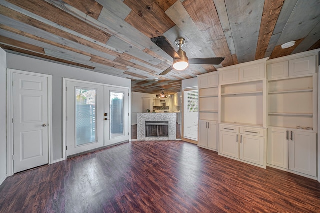1704 Baird Farm Cir Unit 4104, Arlington, TX 76006 - unfurnished living room with wood ceiling, ceiling fan, plenty of natural light, dark wood finished floors, and french doors