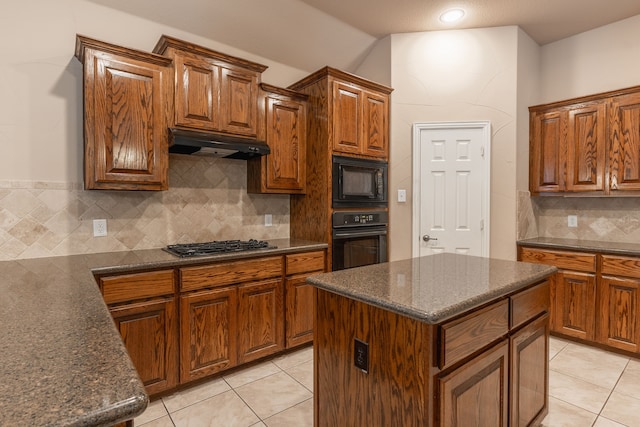 3504 Summerfield Dr, Plano, TX 75074 - kitchen featuring black appliances, under cabinet range hood, decorative backsplash, light tile patterned floors, and recessed lighting