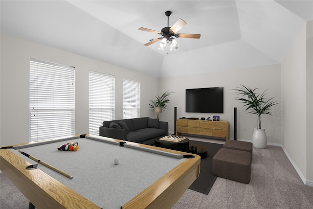 2309 Chambray Dr, Corinth, TX 76210 - playroom featuring carpet, ceiling fan, pool table, and vaulted ceiling