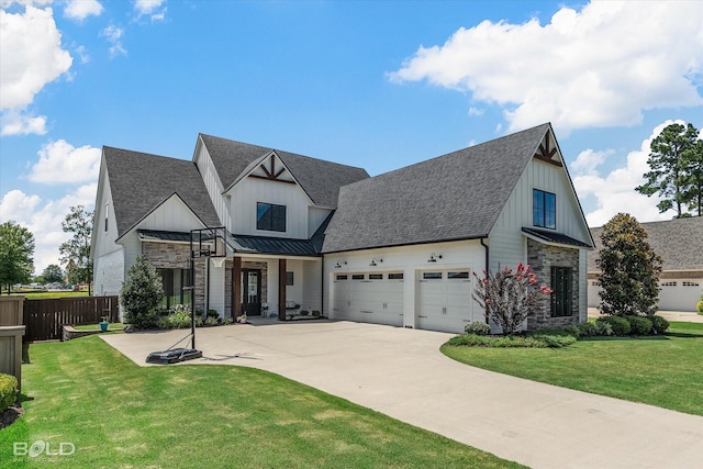 10946 Whispering Path Dr, Shreveport, LA 71106 - modern farmhouse style home featuring a standing seam roof, stone siding, an attached garage, board and batten siding, and a shingled roof