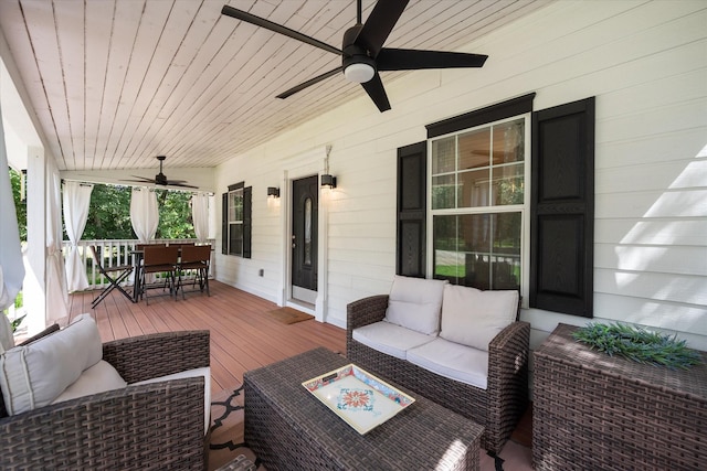 7720 Angelina Dr, Athens, TX 75752 - wooden deck with ceiling fan, an outdoor hangout area, and outdoor dining area