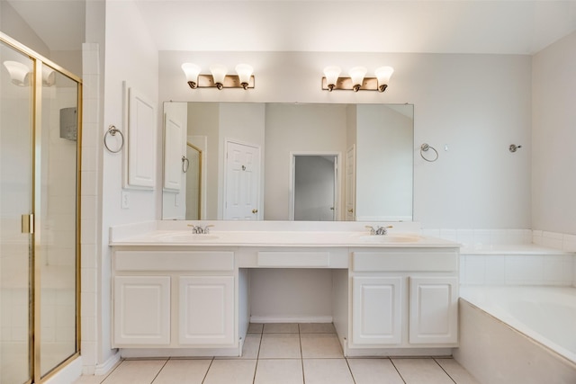 1647 Ash Ln, Corinth, TX 76210 - bathroom with a stall shower, double vanity, a bath, and tile patterned flooring