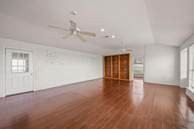 101 Arrowhead St, Fort Worth, TX 76108 - unfurnished living room with a ceiling fan, lofted ceiling, wood finished floors, a textured ceiling, and recessed lighting