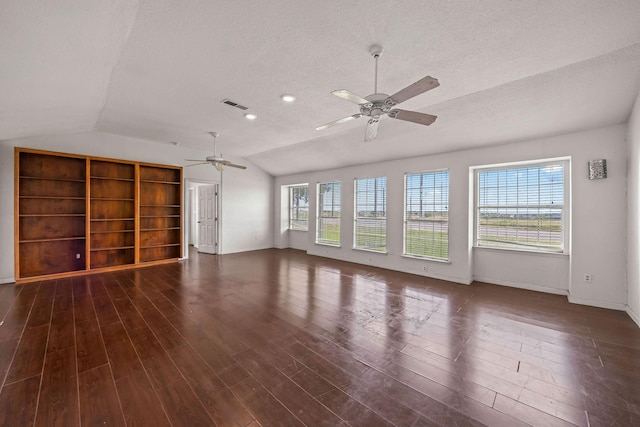 101 Arrowhead St, Fort Worth, TX 76108 - unfurnished living room with a ceiling fan, vaulted ceiling, a textured ceiling, and dark wood-style floors