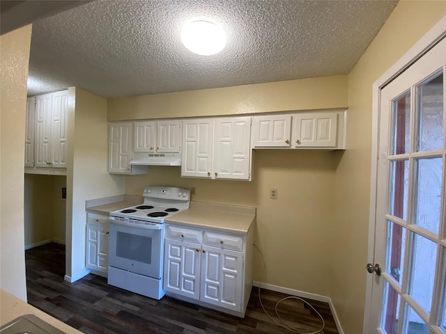 376 Valley Park Dr, Garland, TX 75043 - kitchen featuring electric stove, under cabinet range hood, dark wood-style floors, white cabinetry, and a textured ceiling