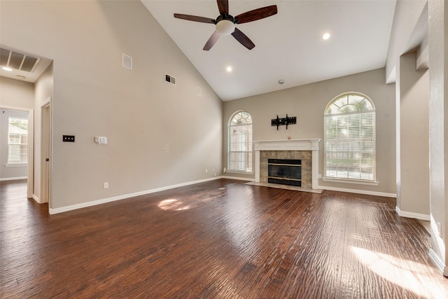 4105 Williams Ct, Grapevine, TX 76051 - unfurnished living room featuring a ceiling fan, healthy amount of natural light, wood finished floors, high vaulted ceiling, and recessed lighting