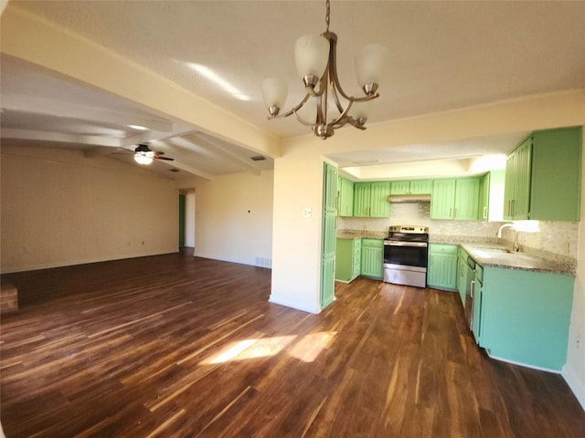 2426 Woodside Dr, Grand Prairie, TX 75052 - kitchen with green cabinets, stainless steel electric range oven, dark wood-style flooring, open floor plan, and a chandelier