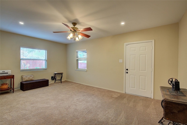 5610 Christie Ln, Garland, TX 75044 - living area featuring carpet flooring, ceiling fan, and recessed lighting