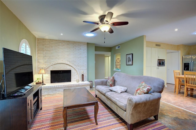 5610 Christie Ln, Garland, TX 75044 - living room featuring a brick fireplace, ceiling fan, and recessed lighting
