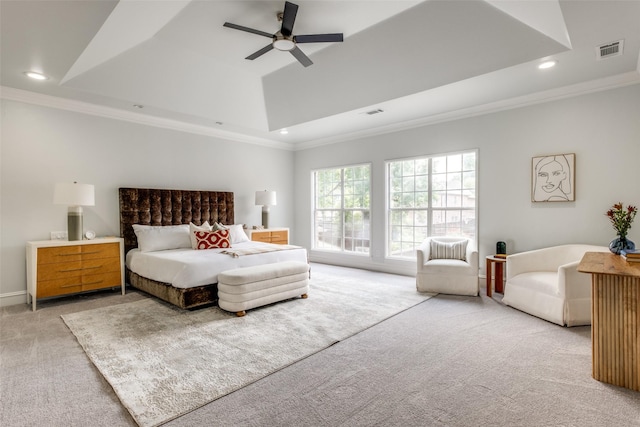 4421 Caruth Blvd, Dallas, TX 75225 - bedroom with light colored carpet, a raised ceiling, crown molding, recessed lighting, and a ceiling fan