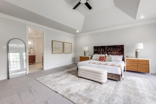 4421 Caruth Blvd, Dallas, TX 75225 - carpeted bedroom featuring crown molding, recessed lighting, ensuite bath, vaulted ceiling, and a ceiling fan