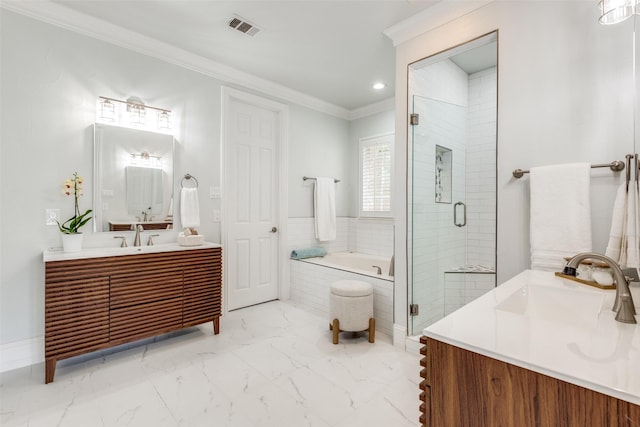 4421 Caruth Blvd, Dallas, TX 75225 - full bath featuring two vanities, a stall shower, a bath, crown molding, and marble look tile flooring