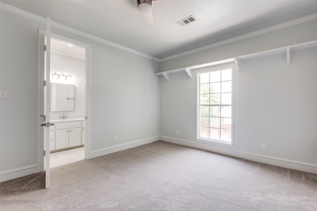 4421 Caruth Blvd, Dallas, TX 75225 - unfurnished bedroom with light colored carpet, crown molding, ensuite bathroom, and a ceiling fan