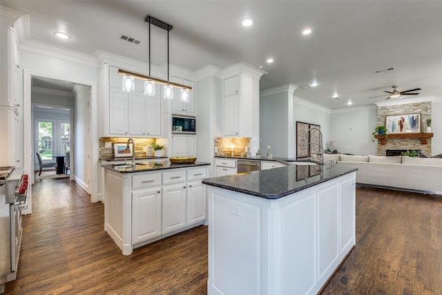 4421 Caruth Blvd, Dallas, TX 75225 - kitchen with stainless steel dishwasher, ornamental molding, dark wood-type flooring, ceiling fan, and recessed lighting