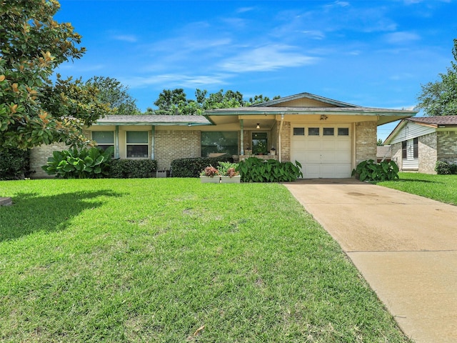 2407 Towerwood Dr, Carrollton, TX 75006 - ranch-style house with brick siding, a garage, driveway, and a front lawn