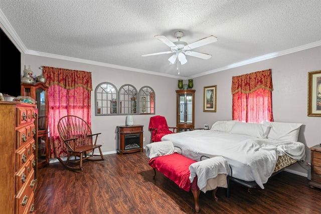 6301 Shadydell Dr, Fort Worth, TX 76135 - bedroom with a textured ceiling, wood finished floors, crown molding, and ceiling fan