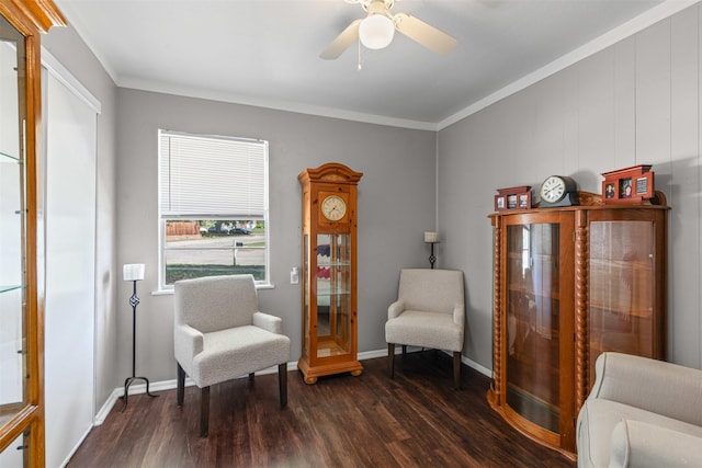 6301 Shadydell Dr, Fort Worth, TX 76135 - sitting room with dark wood-type flooring, a ceiling fan, and crown molding