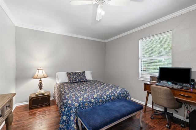6301 Shadydell Dr, Fort Worth, TX 76135 - bedroom featuring wood finished floors, ornamental molding, a desk, and ceiling fan