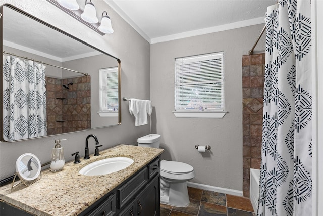 6301 Shadydell Dr, Fort Worth, TX 76135 - full bath featuring vanity, stone tile floors, ornamental molding, shower / bathtub combination with curtain, and a textured wall